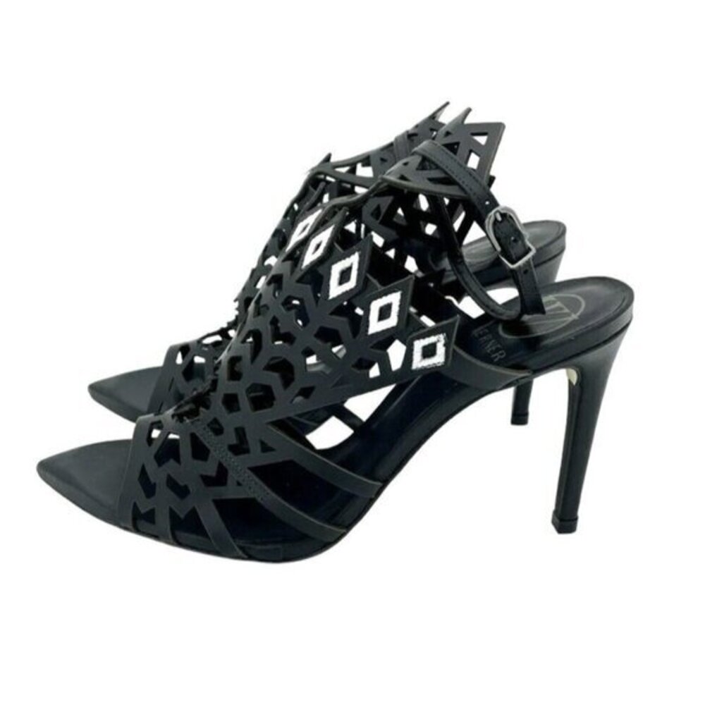 Werner Black Laser Cut Ankle Strap Sandals Stiletto Heels Open Toe SZ 7 US NIB
